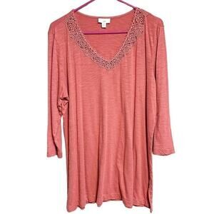 J. Jill Tunic Pink Lace V-Neck 3/4 Sleeve Pullover Blouse Large Classic‎ Soft